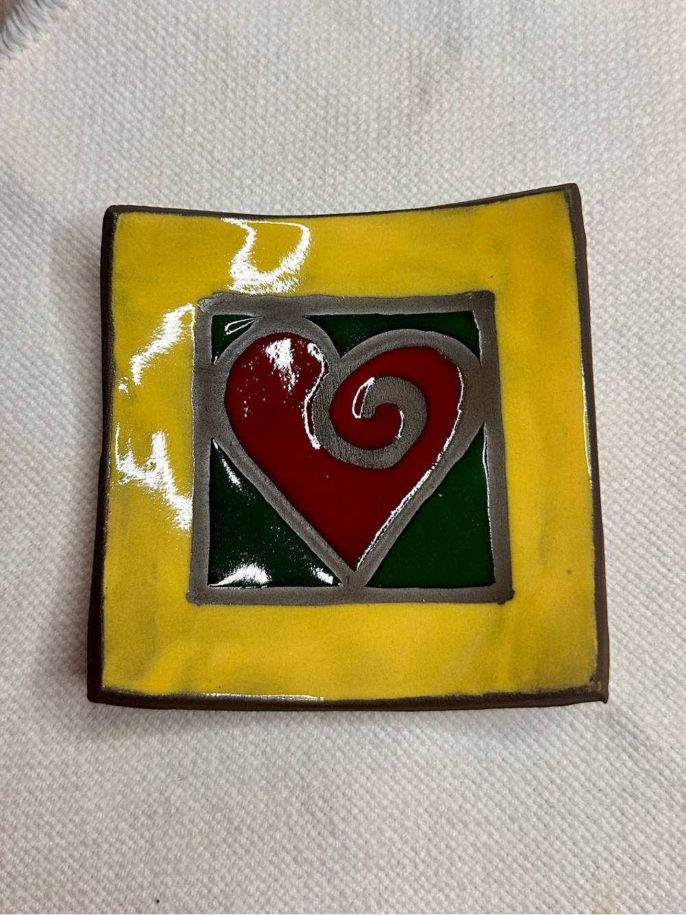 Il Tornio Glazed Clay Heart Trinket Dish Yellow Red Green